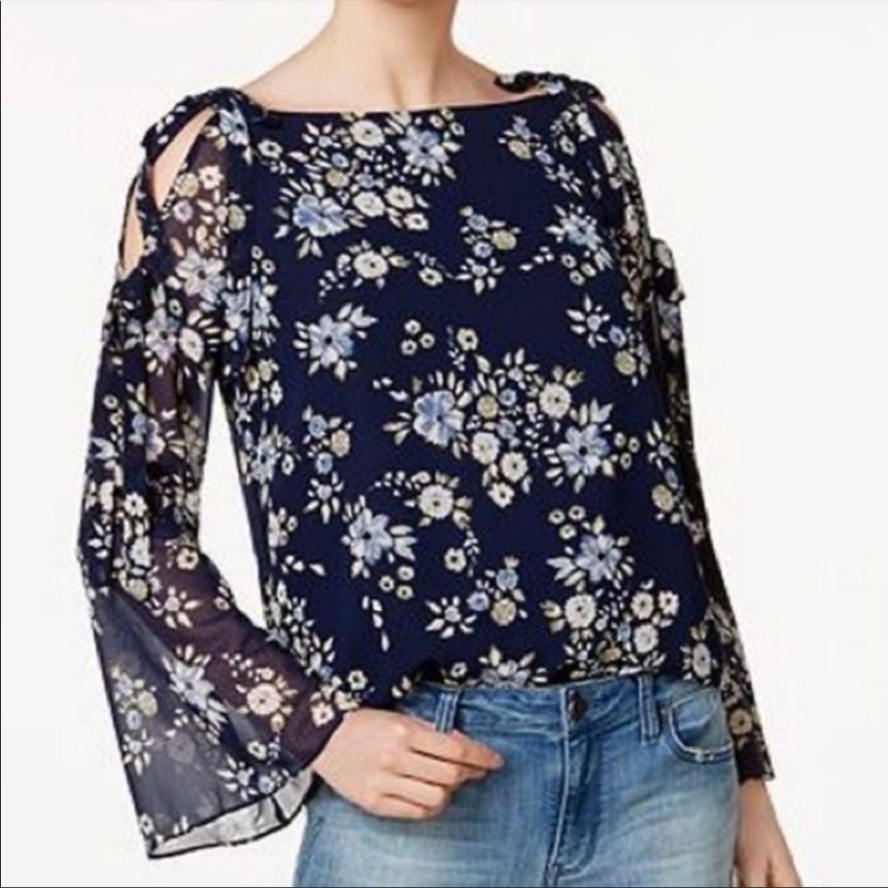 Maison Jules Blue Floral Long Sleeve Blouse Fairy Ethereal Boho Size Medium